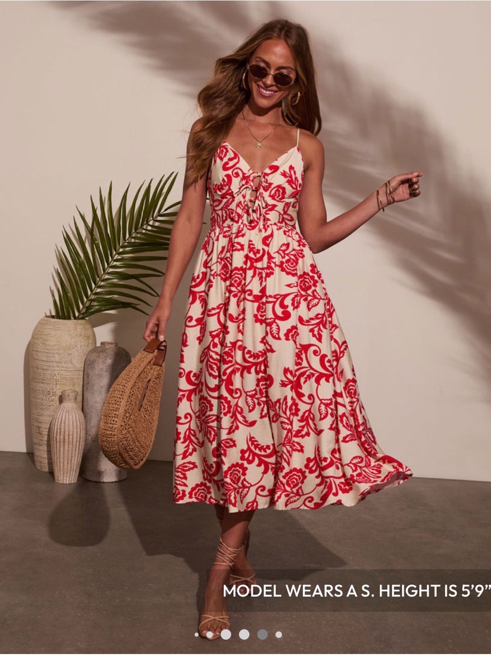 Vici Cream Midi Dress with Red Floral Print
